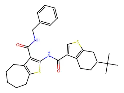 N-benzyl-2-[(6-tert-butyl-4,5,6,7-tetrahydro-1-benzothiophene-3-carbonyl)amino]-5,6,7,8-tetrahydro-4H-cyclohepta[b]thiophene-3-carboxamide structure