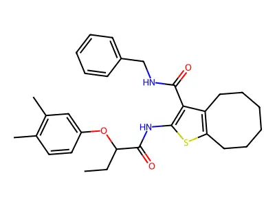 N-benzyl-2-[2-(3,4-dimethylphenoxy)butanoylamino]-4,5,6,7,8,9-hexahydrocycloocta[b]thiophene-3-carboxamide structure