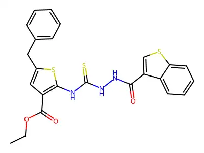 Ethyl 2-({[2-(1-benzothiophen-3-ylcarbonyl)hydrazino]carbothioyl}amino)-5-benzylthiophene-3-carboxylate structure