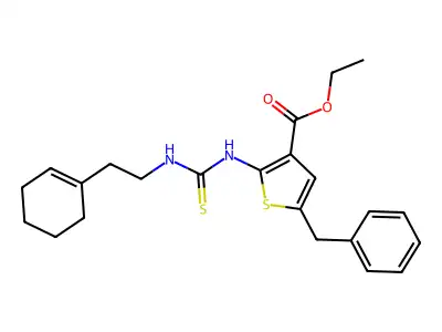 ethyl 5-benzyl-2-(3-(2-(cyclohex-1-en-1-yl)ethyl)thioureido)thiophene-3-carboxylate structure