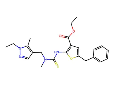 ethyl 2-[({[(1-ethyl-5-methylpyrazol-4-yl)methyl]methylamino}thioxomethyl)amin o]-5-benzylthiophene-3-carboxylate structure