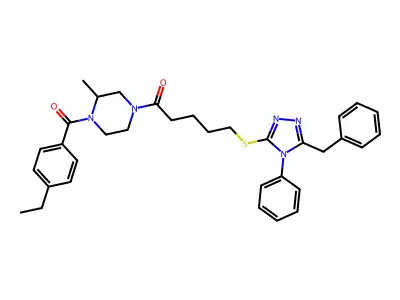 5-[(5-Benzyl-4-phenyl-4H-1,2,4-triazol-3-yl)sulfanyl]-1-[4-(4-ethylbenzoyl)-3-methylpiperazin-1-yl]pentan-1-one structure