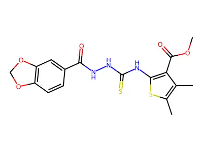 methyl 2-({[(2H-benzo[3,4-d]1,3-dioxolan-5-ylcarbonylamino)amino]thioxomethyl} amino)-4,5-dimethylthiophene-3-carboxylate structure