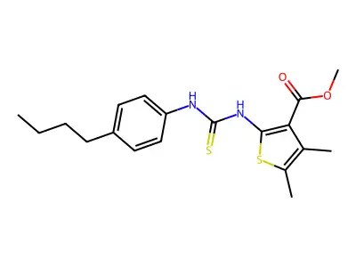 methyl 2-(3-(4-butylphenyl)thioureido)-4,5-dimethylthiophene-3-carboxylate structure