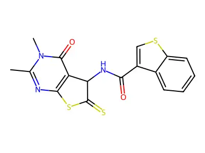 benzo[b]thiophen-3-yl-N-(5,6-dimethyl-4-oxo-2-sulfanyl(3-hydrothiopheno[2,3-d] pyrimidin-3-yl))carboxamide structure