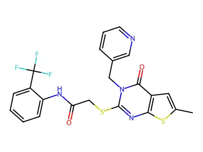 2-[6-methyl-4-oxo-3-(pyridin-3-ylmethyl)thieno[2,3-d]pyrimidin-2-yl]sulfanyl-N-[2-(trifluoromethyl)phenyl]acetamide structure