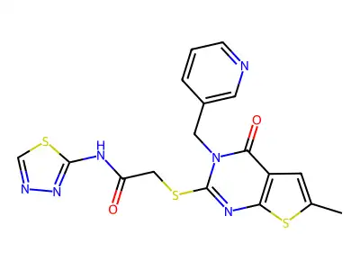 2-[6-methyl-4-oxo-3-(pyridin-3-ylmethyl)thieno[2,3-d]pyrimidin-2-yl]sulfanyl-N-(1,3,4-thiadiazol-2-yl)acetamide structure
