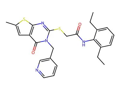 N-(2,6-diethylphenyl)-2-[6-methyl-4-oxo-3-(pyridin-3-ylmethyl)thieno[2,3-d]pyrimidin-2-yl]sulfanylacetamide structure