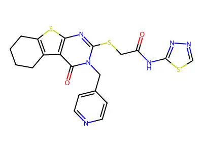 2-[[4-oxo-3-(pyridin-4-ylmethyl)-5,6,7,8-tetrahydro-[1]benzothiolo[2,3-d]pyrimidin-2-yl]sulfanyl]-N-(1,3,4-thiadiazol-2-yl)acetamide structure