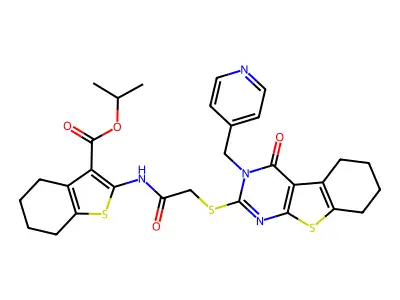 isopropyl 2-(2-((4-oxo-3-(pyridin-4-ylmethyl)-3,4,5,6,7,8-hexahydrobenzo[4,5]thieno[2,3-d]pyrimidin-2-yl)thio)acetamido)-4,5,6,7-tetrahydrobenzo[b]thiophene-3-carboxylate structure