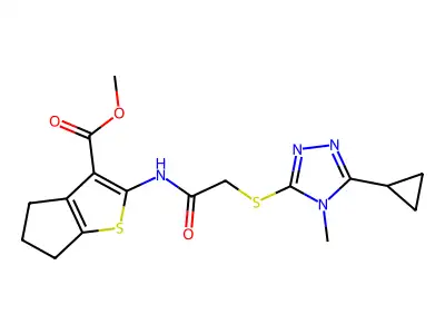 methyl 2-({[(5-cyclopropyl-4-methyl-4H-1,2,4-triazol-3-yl)sulfanyl]acetyl}amino)-5,6-dihydro-4H-cyclopenta[b]thiophene-3-carboxylate structure