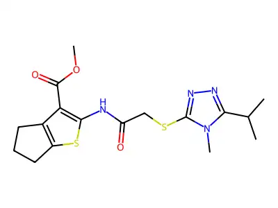 methyl 2-(2-((5-isopropyl-4-methyl-4H-1,2,4-triazol-3-yl)thio)acetamido)-5,6-dihydro-4H-cyclopenta[b]thiophene-3-carboxylate structure