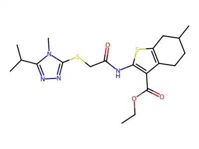 ethyl 6-methyl-2-[({[4-methyl-5-(propan-2-yl)-4H-1,2,4-triazol-3-yl]sulfanyl}acetyl)amino]-4,5,6,7-tetrahydro-1-benzothiophene-3-carboxylate structure