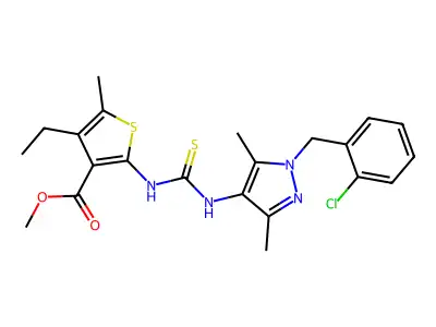 methyl 2-({[1-(2-chlorobenzyl)-3,5-dimethyl-1H-pyrazol-4-yl]carbamothioyl}amino)-4-ethyl-5-methylthiophene-3-carboxylate structure