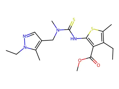 methyl 4-ethyl-2-({[(1-ethyl-5-methyl-1H-pyrazol-4-yl)methyl](methyl)carbamothioyl}amino)-5-methylthiophene-3-carboxylate structure