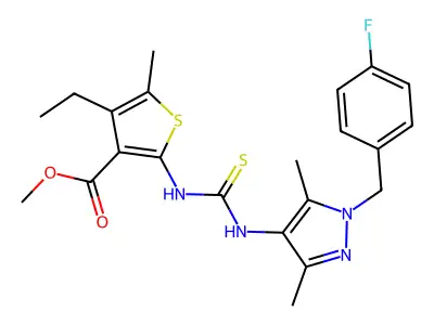 methyl 4-ethyl-2-({[1-(4-fluorobenzyl)-3,5-dimethyl-1H-pyrazol-4-yl]carbamothioyl}amino)-5-methylthiophene-3-carboxylate structure