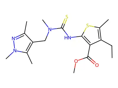 methyl 4-ethyl-5-methyl-2-({methyl[(1,3,5-trimethyl-1H-pyrazol-4-yl)methyl]carbamothioyl}amino)thiophene-3-carboxylate structure