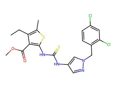 methyl 2-({[1-(2,4-dichlorobenzyl)-1H-pyrazol-4-yl]carbamothioyl}amino)-4-ethyl-5-methylthiophene-3-carboxylate structure