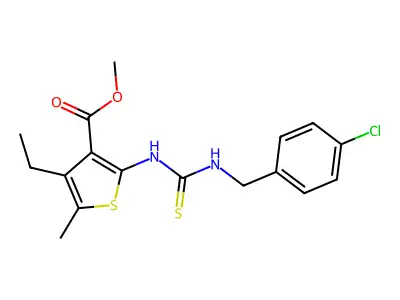 methyl 2-(3-(4-chlorobenzyl)thioureido)-4-ethyl-5-methylthiophene-3-carboxylate structure