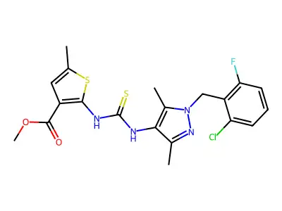 methyl 2-({[1-(2-chloro-6-fluorobenzyl)-3,5-dimethyl-1H-pyrazol-4-yl]carbamothioyl}amino)-5-methylthiophene-3-carboxylate structure