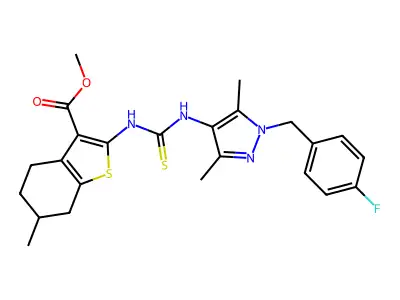 methyl 2-({[1-(4-fluorobenzyl)-3,5-dimethyl-1H-pyrazol-4-yl]carbamothioyl}amino)-6-methyl-4,5,6,7-tetrahydro-1-benzothiophene-3-carboxylate structure