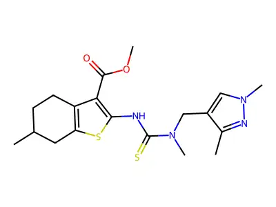 methyl 2-({[(1,3-dimethyl-1H-pyrazol-4-yl)methyl](methyl)carbamothioyl}amino)-6-methyl-4,5,6,7-tetrahydro-1-benzothiophene-3-carboxylate structure
