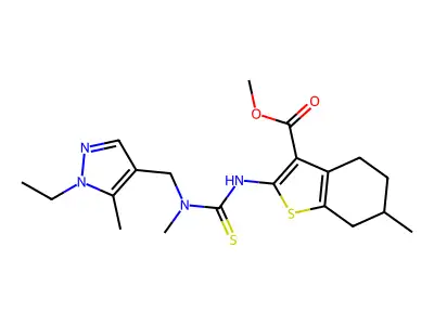 methyl 2-({[(1-ethyl-5-methyl-1H-pyrazol-4-yl)methyl](methyl)carbamothioyl}amino)-6-methyl-4,5,6,7-tetrahydro-1-benzothiophene-3-carboxylate structure