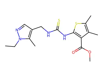 methyl 2-({[(1-ethyl-5-methyl-1H-pyrazol-4-yl)methyl]carbamothioyl}amino)-4,5-dimethylthiophene-3-carboxylate structure