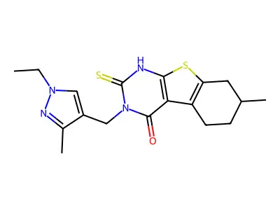 3-[(1-ethyl-3-methyl-1H-pyrazol-4-yl)methyl]-7-methyl-2-sulfanyl-5,6,7,8-tetrahydro[1]benzothieno[2,3-d]pyrimidin-4(3H)-one structure