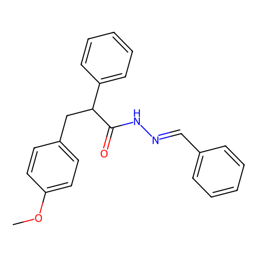 Benzenepropanoic acid, 4-methoxy-alpha-phenyl-, (phenylmethylene)hydrazide structure
