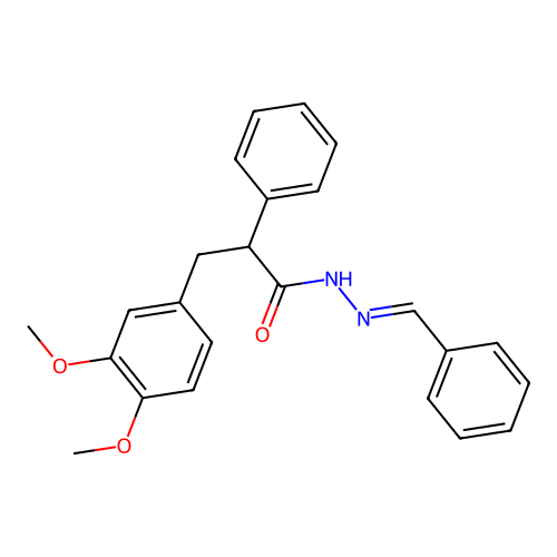 Benzenepropanoic acid, 3,4-dimethoxy-alpha-phenyl-, (phenylmethylene)hydrazide structure