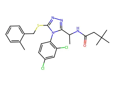 N-[1-[4-(2,4-dichlorophenyl)-5-[(2-methylphenyl)methylsulfanyl]-1,2,4-triazol-3-yl]ethyl]-3,3-dimethylbutanamide structure