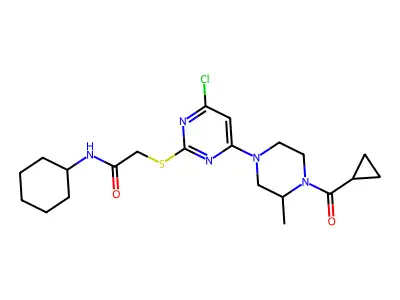 2-[4-chloro-6-[4-(cyclopropanecarbonyl)-3-methylpiperazin-1-yl]pyrimidin-2-yl]sulfanyl-N-cyclohexylacetamide structure