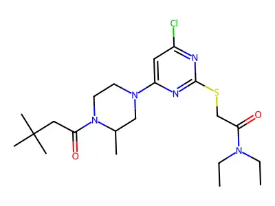 2-({4-Chloro-6-[4-(3,3-dimethylbutanoyl)-3-methylpiperazin-1-yl]pyrimidin-2-yl}sulfanyl)-N,N-diethylacetamide structure
