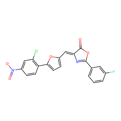 4-{[5-(2-chloro-4-nitrophenyl)-2-furyl]methylene}-2-(3-fluorophenyl)-1,3-oxazol-5(4H)-one structure