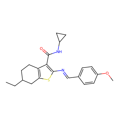 {2-[(1E)-2-(4-methoxyphenyl)-1-azavinyl]-6-ethyl(4,5,6,7-tetrahydrobenzo[b]thi ophen-3-yl)}-N-cyclopropylcarboxamide structure