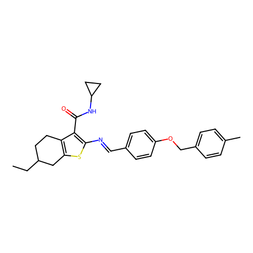 N-cyclopropyl-6-ethyl-2-{[(E)-{4-[(4-methylbenzyl)oxy]phenyl}methylidene]amino}-4,5,6,7-tetrahydro-1-benzothiophene-3-carboxamide structure