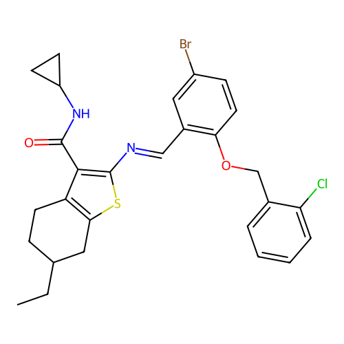 2-{[(E)-{5-bromo-2-[(2-chlorobenzyl)oxy]phenyl}methylidene]amino}-N-cyclopropyl-6-ethyl-4,5,6,7-tetrahydro-1-benzothiophene-3-carboxamide structure