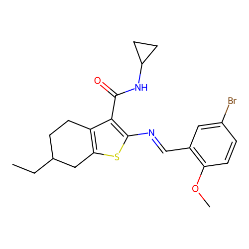 2-{[(E)-(5-bromo-2-methoxyphenyl)methylidene]amino}-N-cyclopropyl-6-ethyl-4,5,6,7-tetrahydro-1-benzothiophene-3-carboxamide structure
