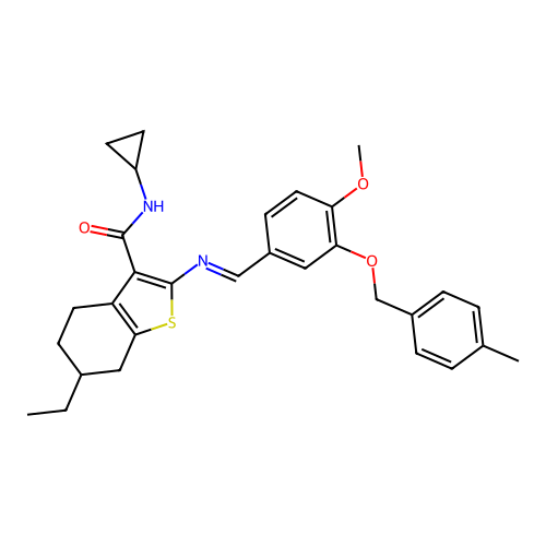N-cyclopropyl-6-ethyl-2-{[(E)-{4-methoxy-3-[(4-methylbenzyl)oxy]phenyl}methylidene]amino}-4,5,6,7-tetrahydro-1-benzothiophene-3-carboxamide structure
