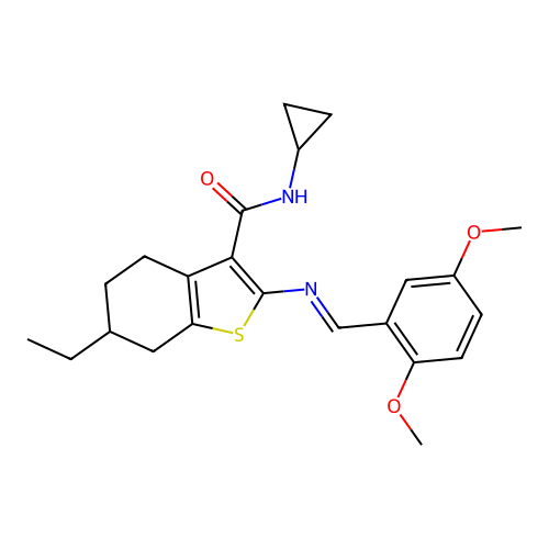 {2-[(1E)-2-(2,5-dimethoxyphenyl)-1-azavinyl]-6-ethyl(4,5,6,7-tetrahydrobenzo[b ]thiophen-3-yl)}-N-cyclopropylcarboxamide structure