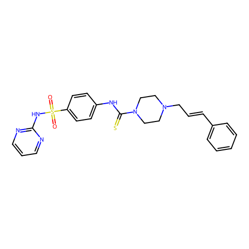 4-[(E)-3-phenylprop-2-enyl]-N-[4-(pyrimidin-2-ylsulfamoyl)phenyl]piperazine-1-carbothioamide structure