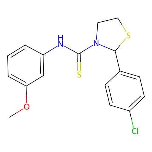2-(4-chlorophenyl)-N-(3-methoxyphenyl)-1,3-thiazolidine-3-carbothioamide structure