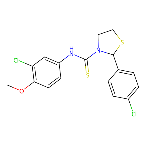 N-(3-chloro-4-methoxyphenyl)-2-(4-chlorophenyl)-1,3-thiazolidine-3-carbothioamide structure