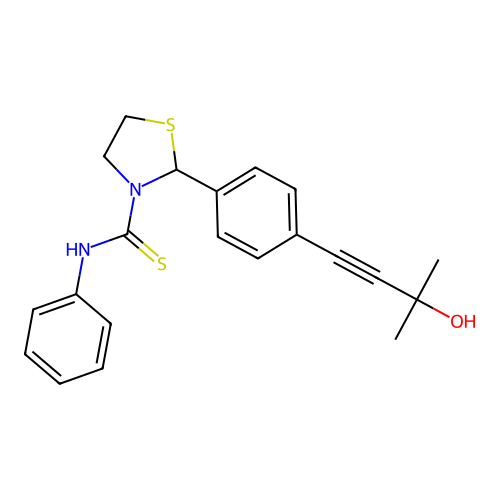 2-[4-(3-hydroxy-3-methylbut-1-yn-1-yl)phenyl]-N-phenyl-1,3-thiazolidine-3-carbothioamide structure