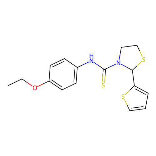 N-(4-ethoxyphenyl)-2-thiophen-2-yl-1,3-thiazolidine-3-carbothioamide structure