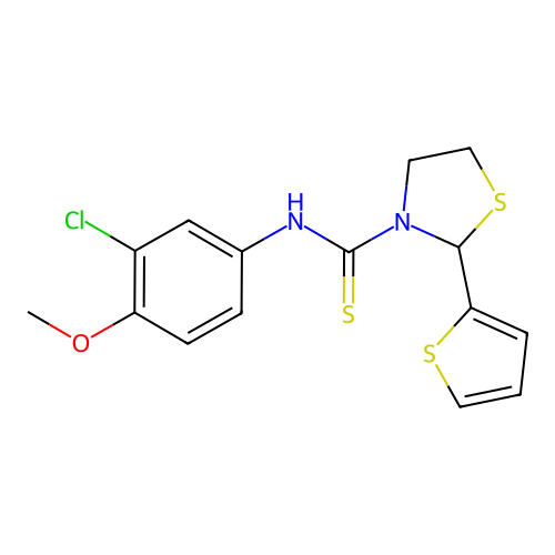 N-(3-chloro-4-methoxyphenyl)-2-(thiophen-2-yl)-1,3-thiazolidine-3-carbothioamide structure