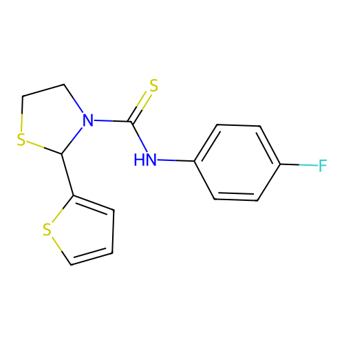 N-(4-fluorophenyl)-2-thien-2-yl-1,3-thiazolidine-3-carbothioamide structure