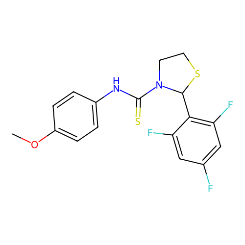 N-(4-methoxyphenyl)-2-(2,4,6-trifluorophenyl)-1,3-thiazolidine-3-carbothioamide structure