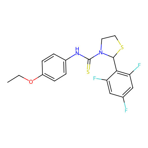N-(4-ethoxyphenyl)-2-(2,4,6-trifluorophenyl)-1,3-thiazolidine-3-carbothioamide structure